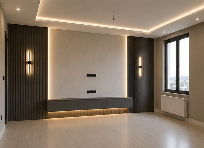 Tavan havuz LED aydınlatması ve düşey ışık bantlarıyla bütünleşen mermer ve çıtalı TV duvarı tasarımının sol perspektifi